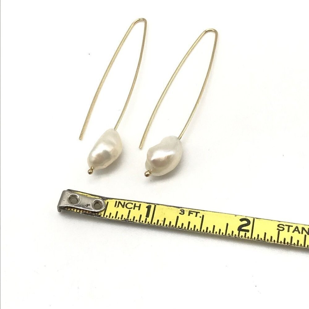 14k Yellow Gold 13MM Baroque Pearl Hook Drop Earrings 2" - Picture 6 of 8